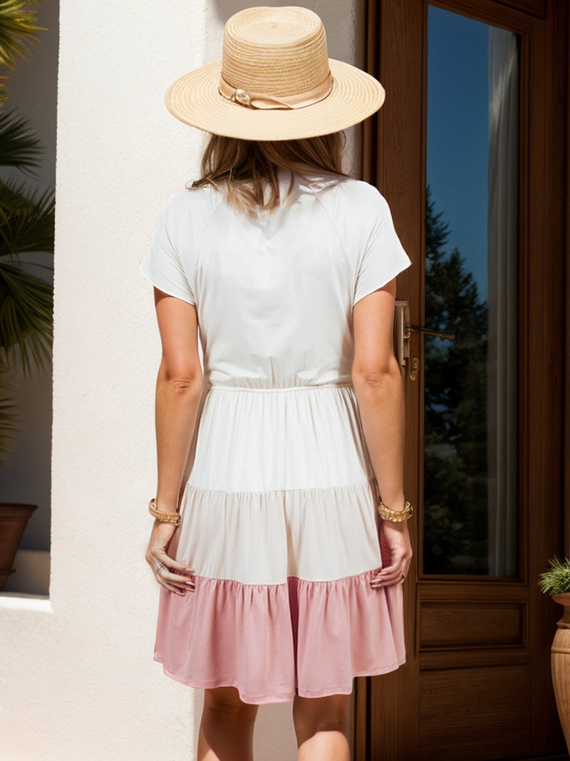 Color Block V-Neck Short Sleeve Tee Dress