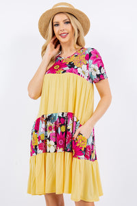 Full Size Color Block Floral Round Neck Short Sleeve Dress