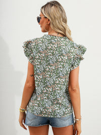 Ruffled Floral Notched Cap Sleeve Blouse