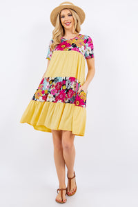 Full Size Color Block Floral Round Neck Short Sleeve Dress