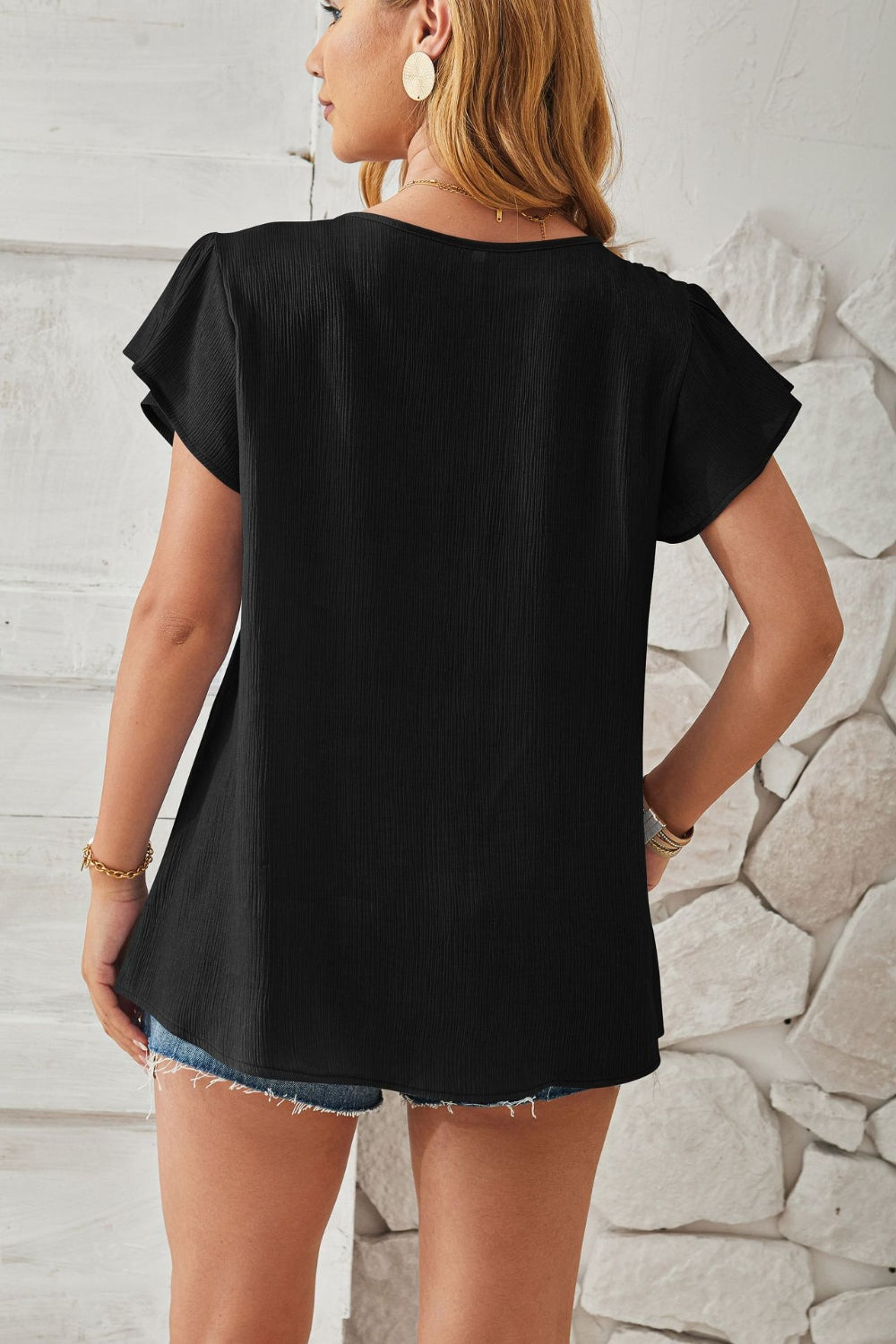 Ruched V-Neck Flounce Sleeve Blouse