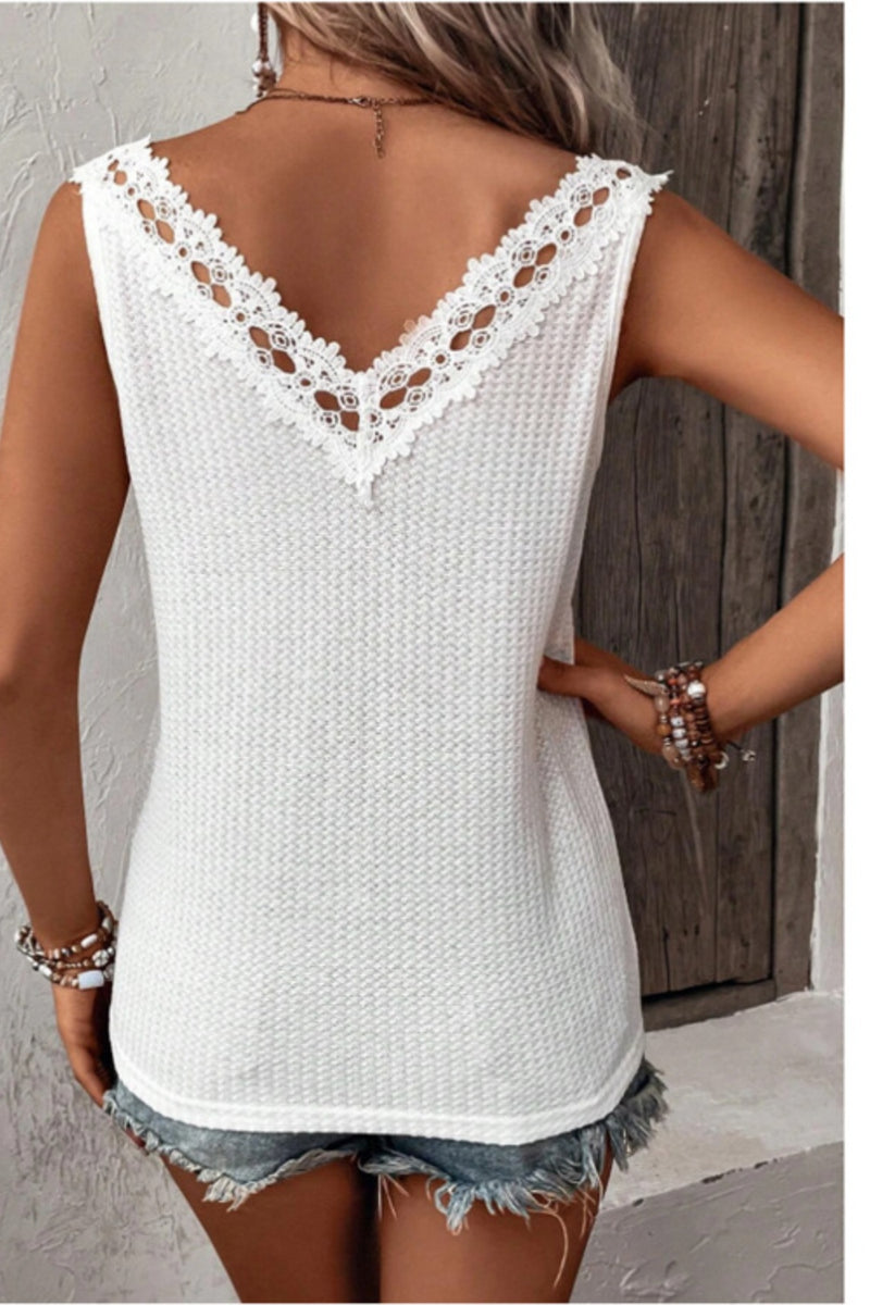 Lace Detail Textured V-Neck Tank