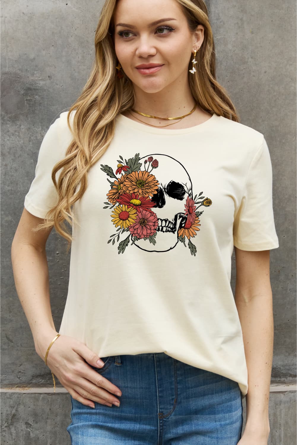 Full Size Flower Skull Graphic Cotton Tee