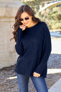 Full Size Ribbed Round Neck Long Sleeve Knit Top
