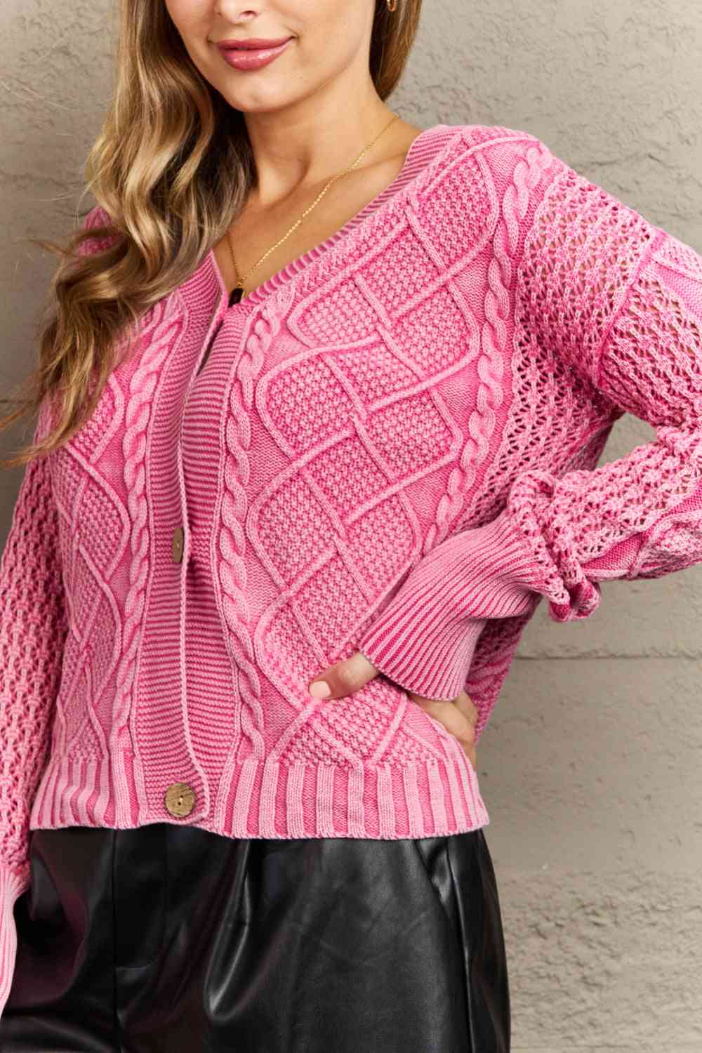 Soft Focus Full Size Wash Cable Knit Cardigan in Fuchsia