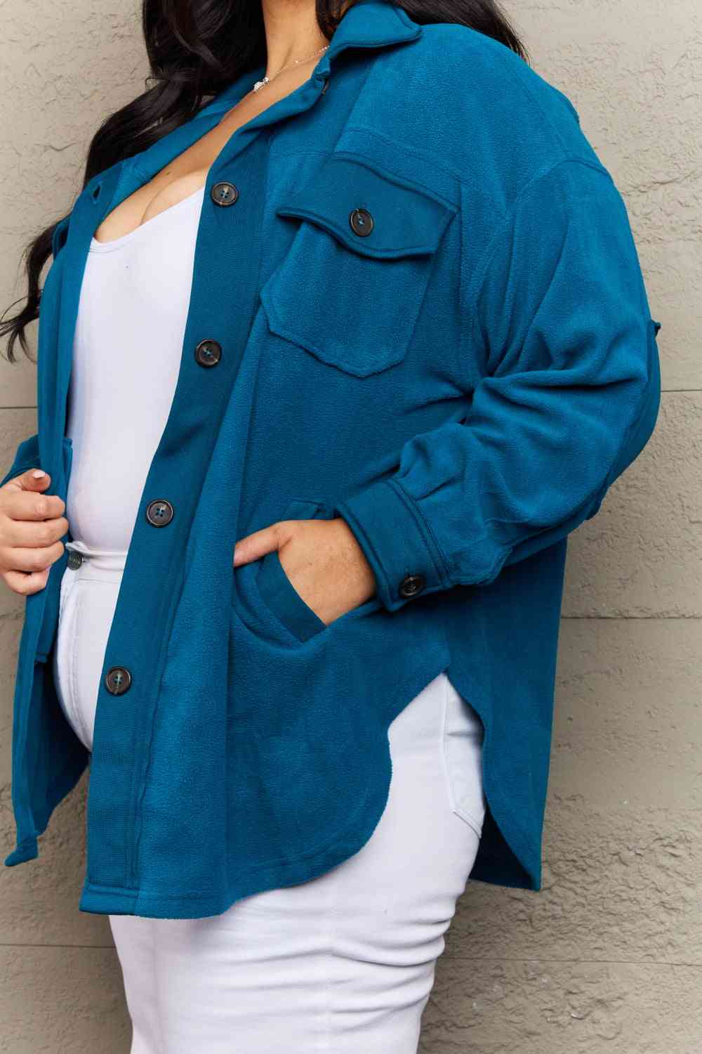 Cozy in the Cabin Full Size Fleece Elbow Patch Shacket in Teal