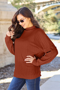Full Size Ribbed Exposed Seam Mock Neck Knit Top