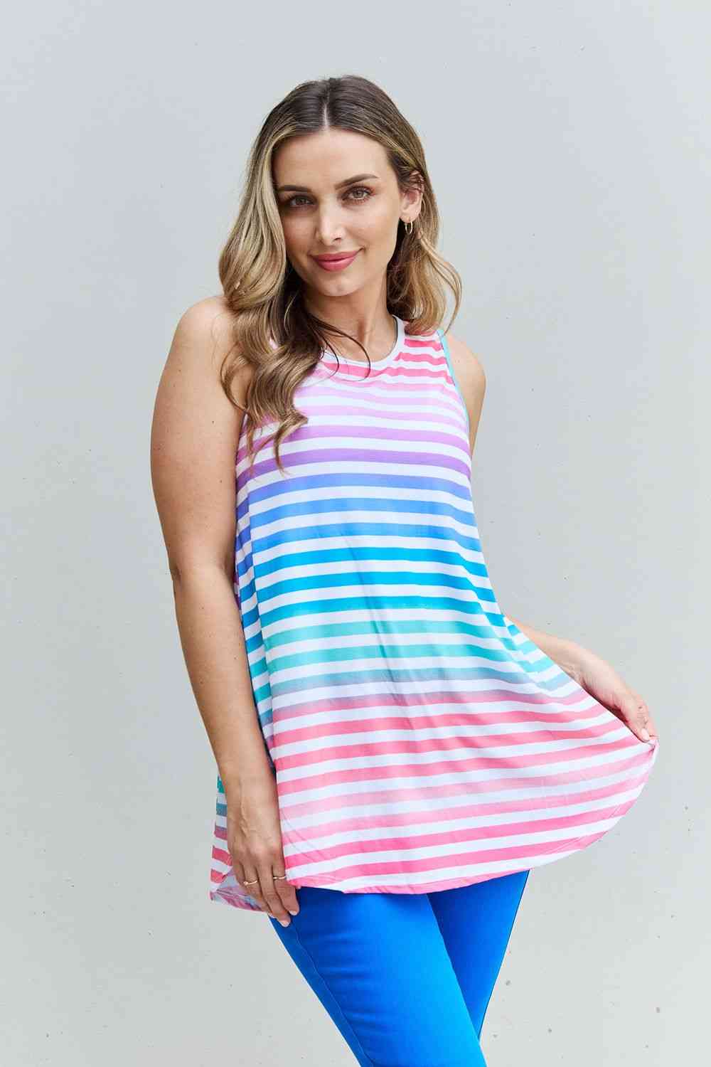 Love Yourself Full Size Multicolored Striped Sleeveless Round Neck Top