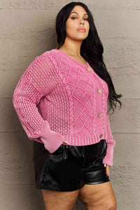 Soft Focus Full Size Wash Cable Knit Cardigan in Fuchsia