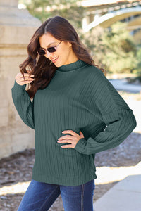 Full Size Ribbed Exposed Seam Mock Neck Knit Top