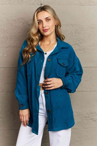 Cozy in the Cabin Full Size Fleece Elbow Patch Shacket in Teal
