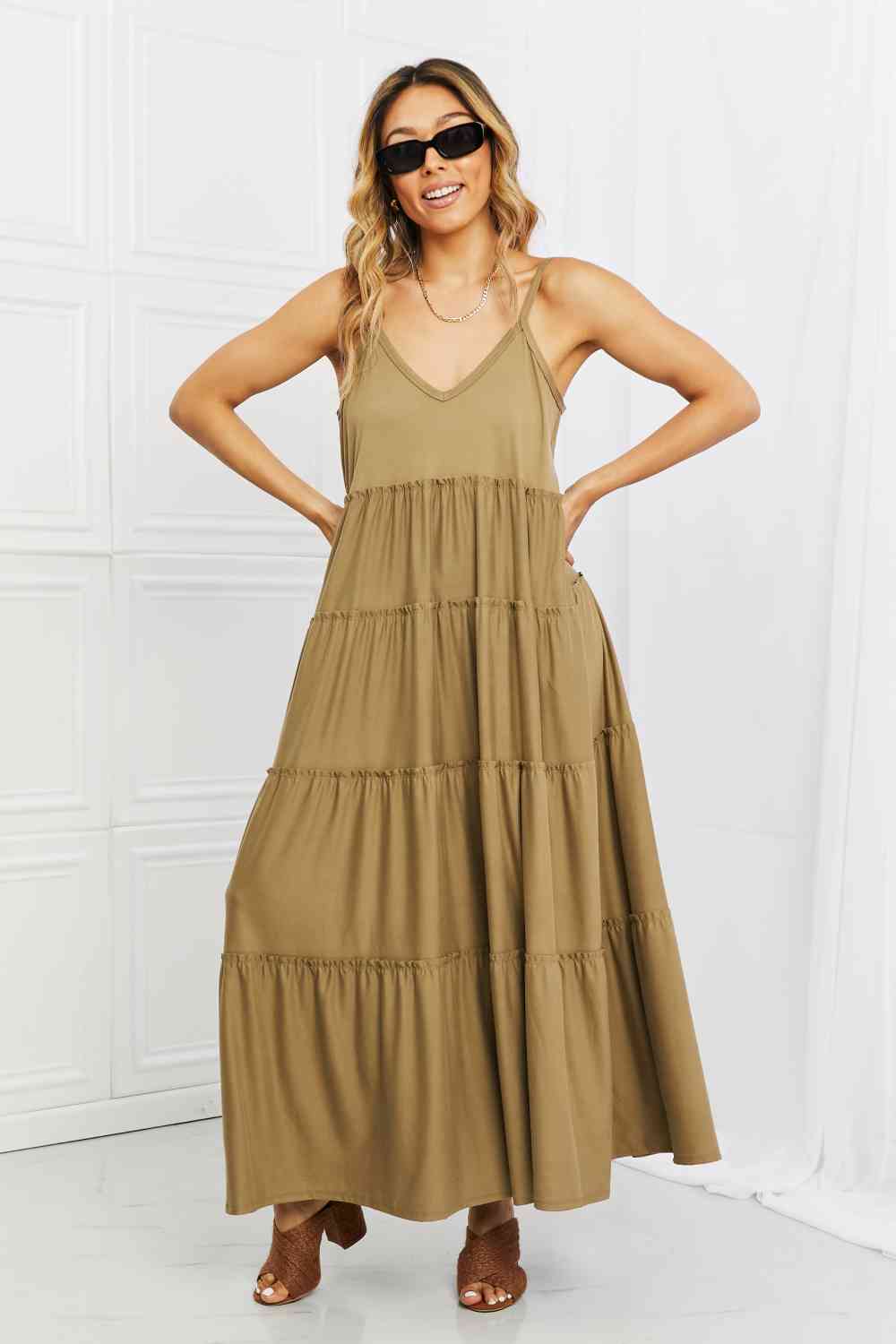 Full Size Spaghetti Strap Tiered Dress with Pockets in Khaki