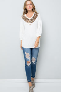 Full Size Leopard Contrast Balloon Sleeve Top