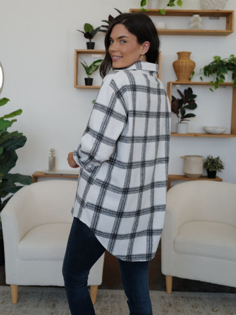 FAM-FAM Plaid Collared Neck Long Sleeve Shacket