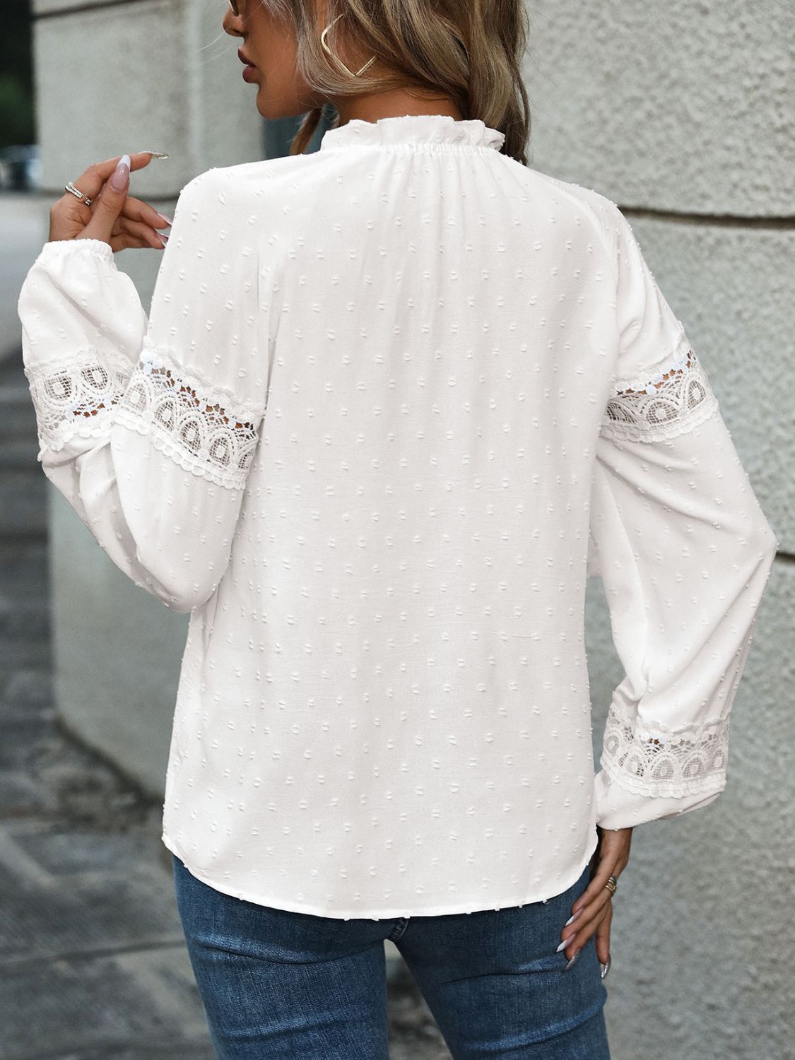 Lace Detail Tie Neck Long Sleeve Blouse