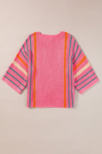 Striped Boat Neck Three-Quarter Sleeve Knit Top