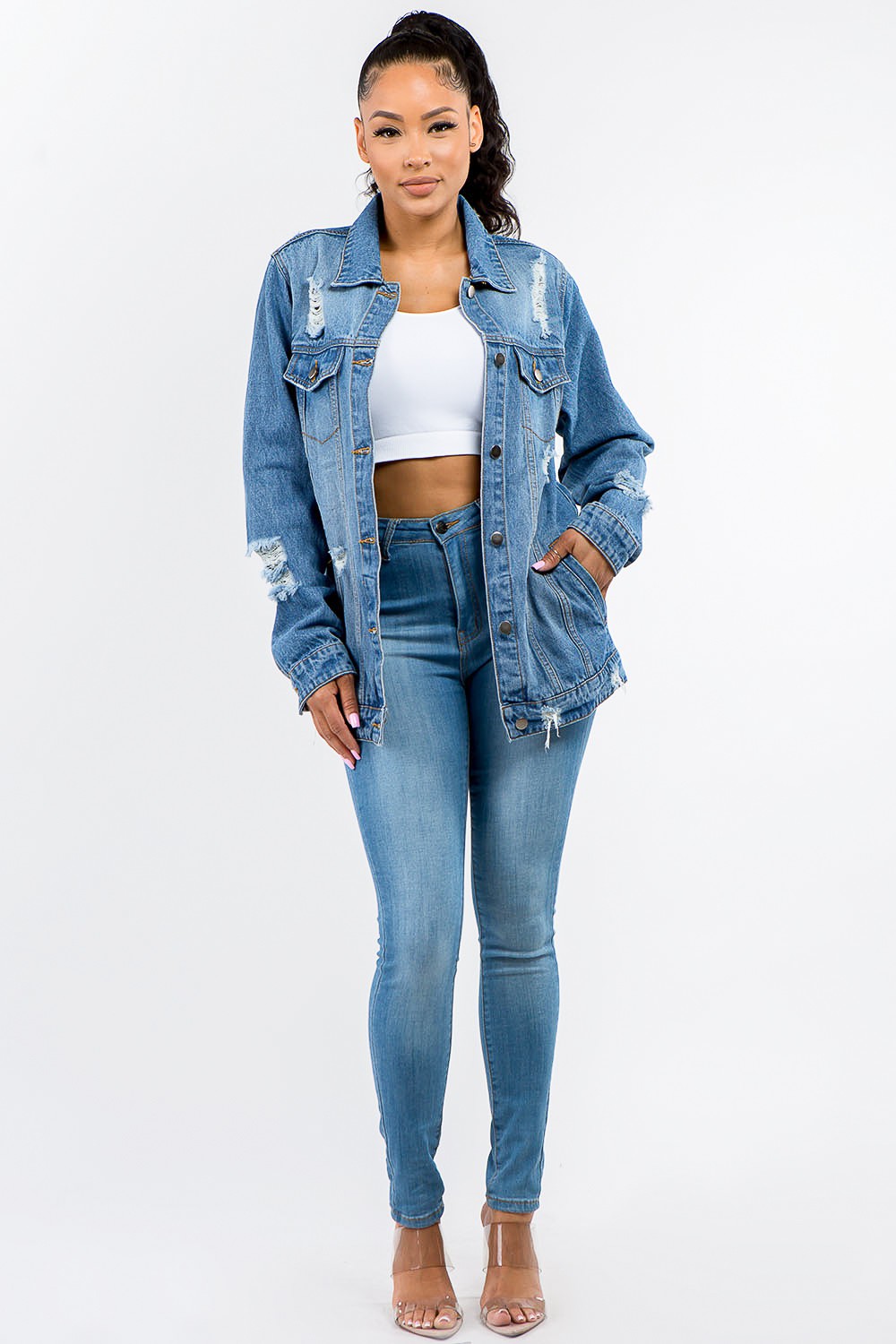 Full Size Button Up Distressed Denim Jacket