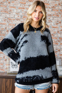 First Love Full Size Abstract Pattern Contrast Feather Yarn Sweater