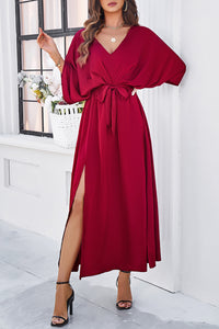 Devine Slit Tied V-Neck Three-Quarter Sleeve Dress