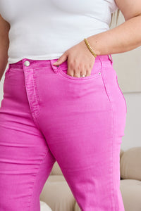 Full Size Tummy Control High Waist Raw Hem Jeans Pink Rouge