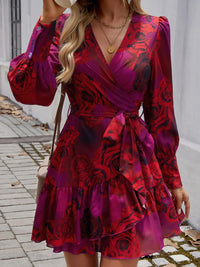 Devine Ruffled Printed Surplice Long Sleeve Mini Dress