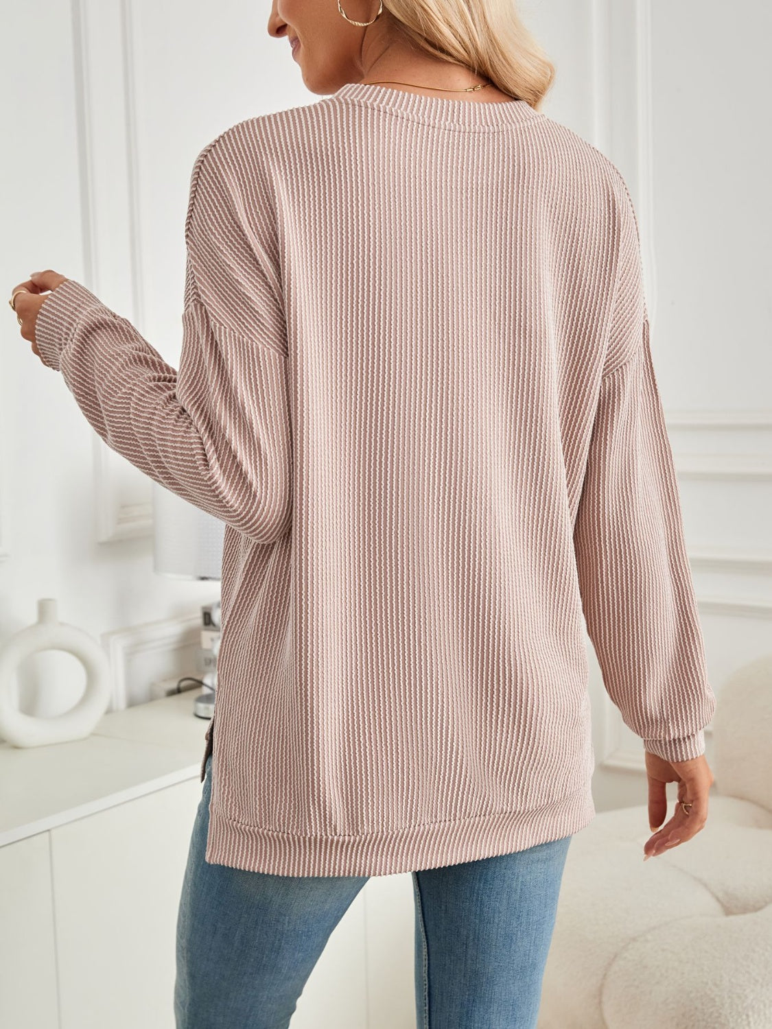 Slit Round Neck Long Sleeve Sweatshirt