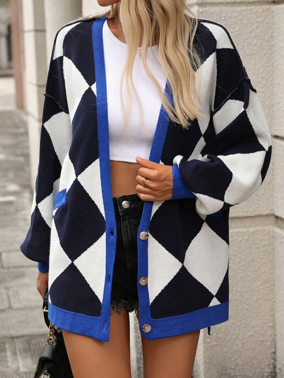 Checkered Dropped Shoulder Long Sleeve Cardigan