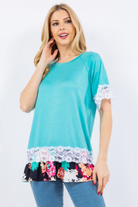 Full Size Lace Trim Short Sleeve Top