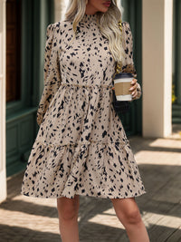 Perfee Frill Printed Mock Neck Long Sleeve Mini Dress