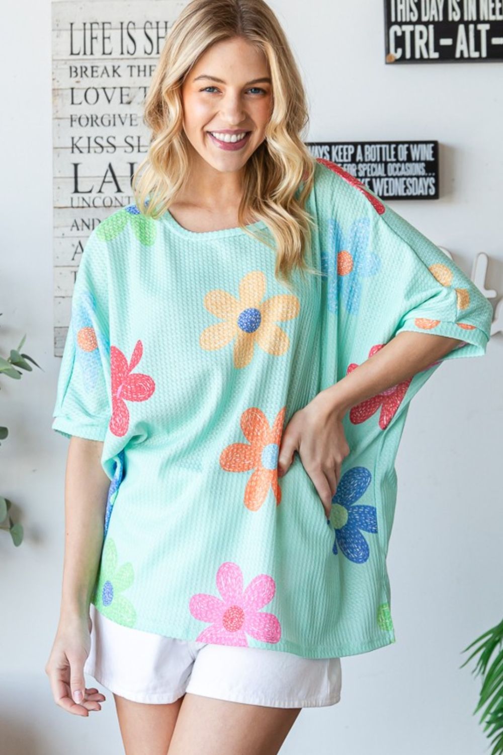 Floral Waffle Oversize T-Shirt Neon Green
