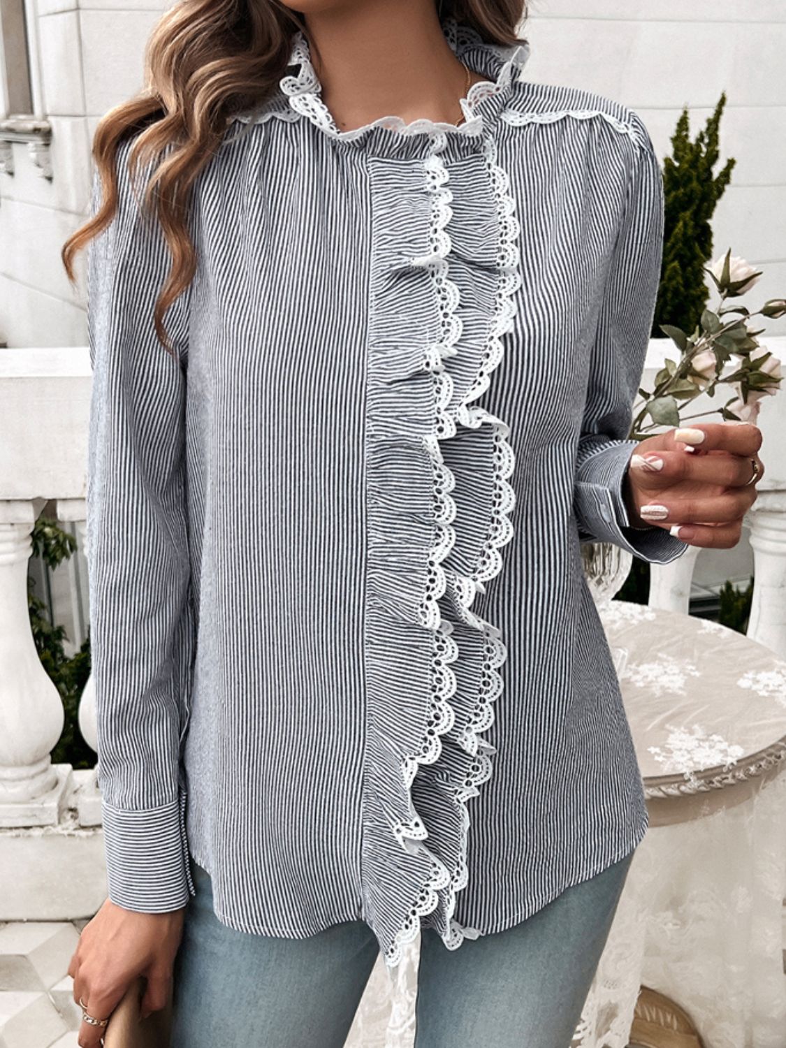 Devine Lace Detail Ruffled Round Neck Long Sleeve Shirt