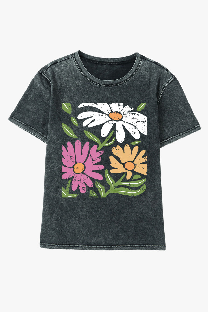 Flower Graphic Round Neck Short Sleeve T-Shirt Black