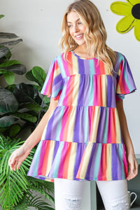 Full Size Short Sleeve Striped Tiered Top
