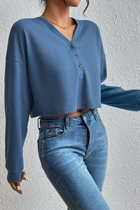 Ivy Lane Cropped V-Neck Raglan Sleeve Buttoned Blouse