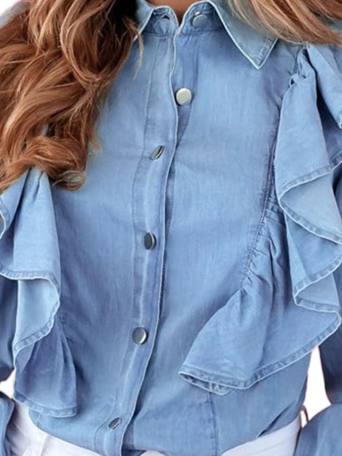 Ruffled Button Up Long Sleeve Denim Top