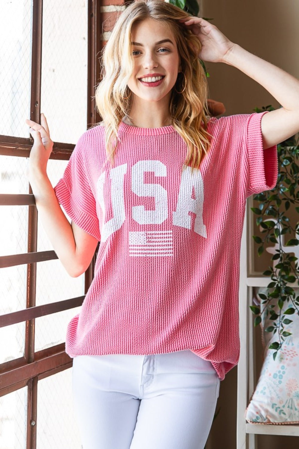 Full Size USA Graphic Short Sleeve Ribbed Top
