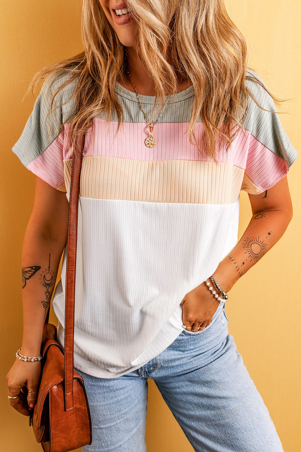 Color Block Round Neck Short Sleeve T-Shirt