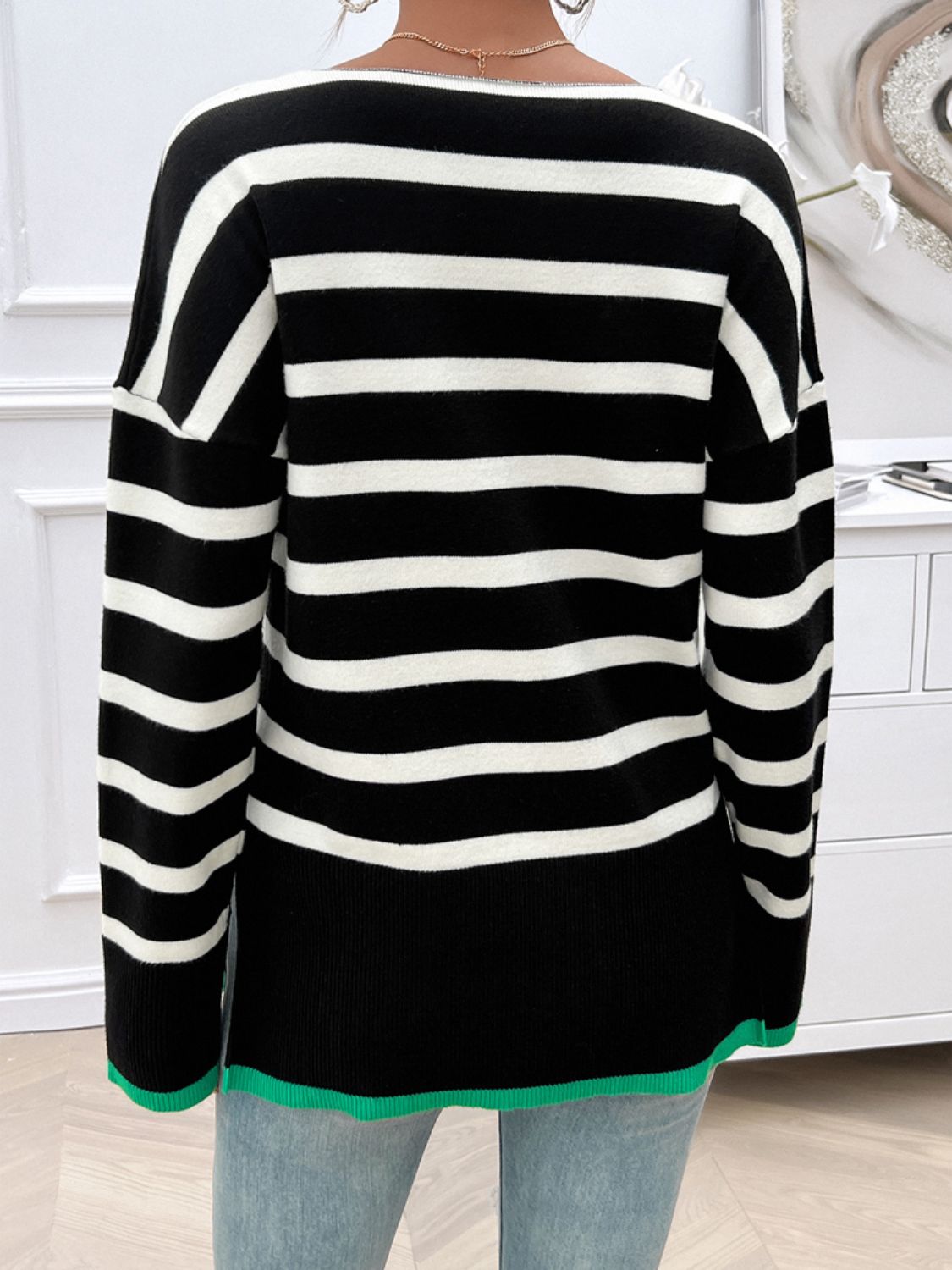 Striped V-Neck Long Sleeve Knit Top