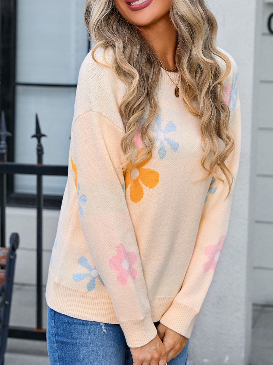 Angel Wings Flower Round Neck Dropped Shoulder Sweater