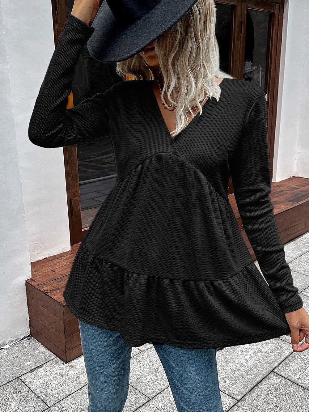 Ivy Lane Waffle-Knit V-Neck Long Sleeve Blouse