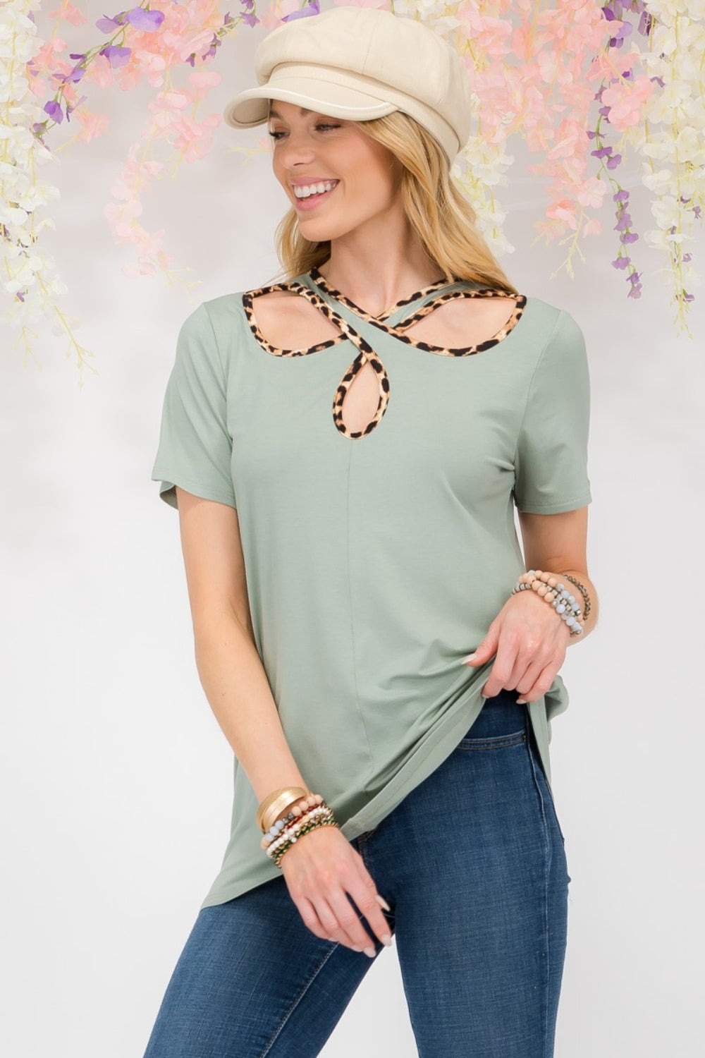 Full Size Crisscross Cutout Leopard Contrast Trim T-Shirt