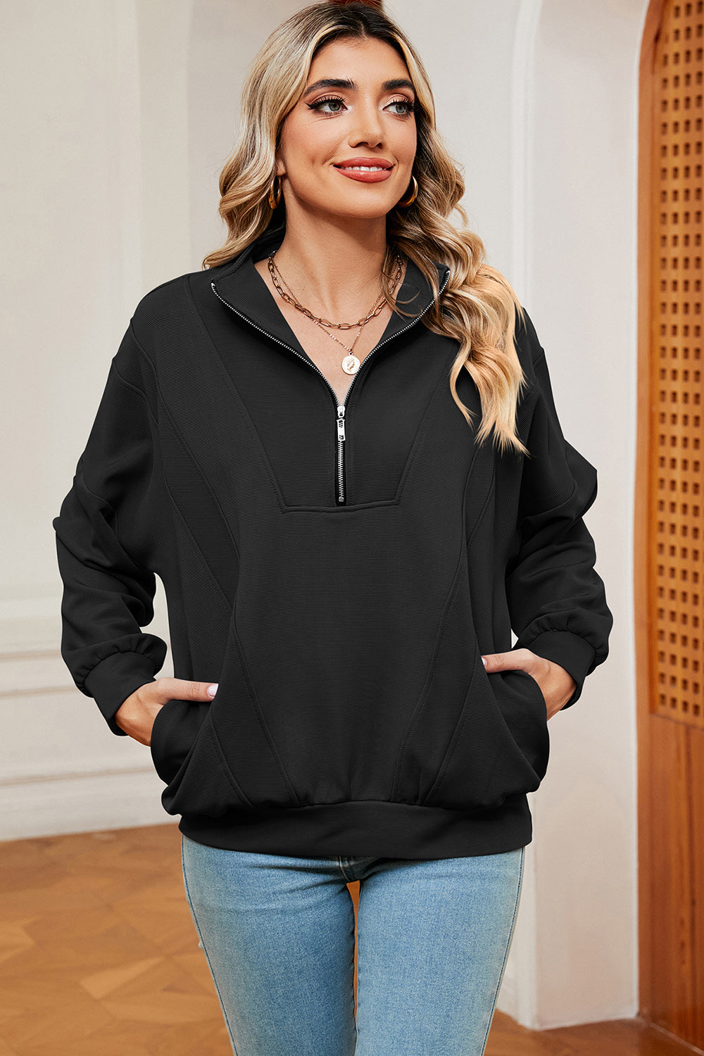 Half Zip Dropped Shoulder Sweatshirt