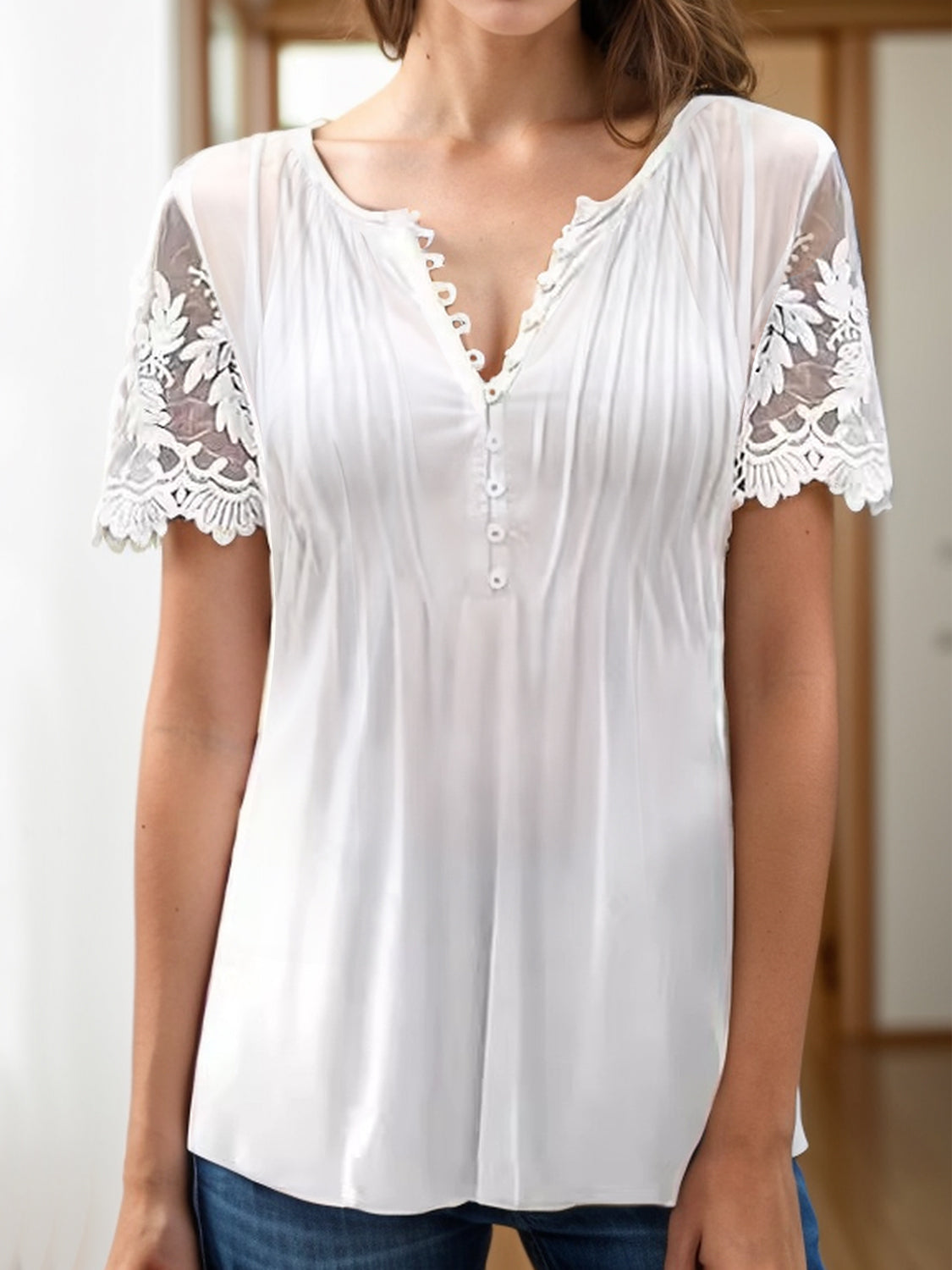 Notched Lace Short Sleeve Top
