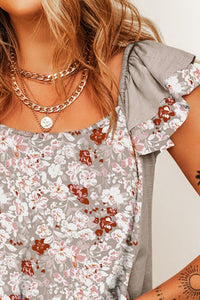 Ruffled Floral Square Neck Cap Sleeve Blouse