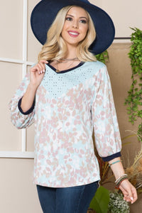 Full Size Leaf Print Contrast Trim Balloon Sleeve Top