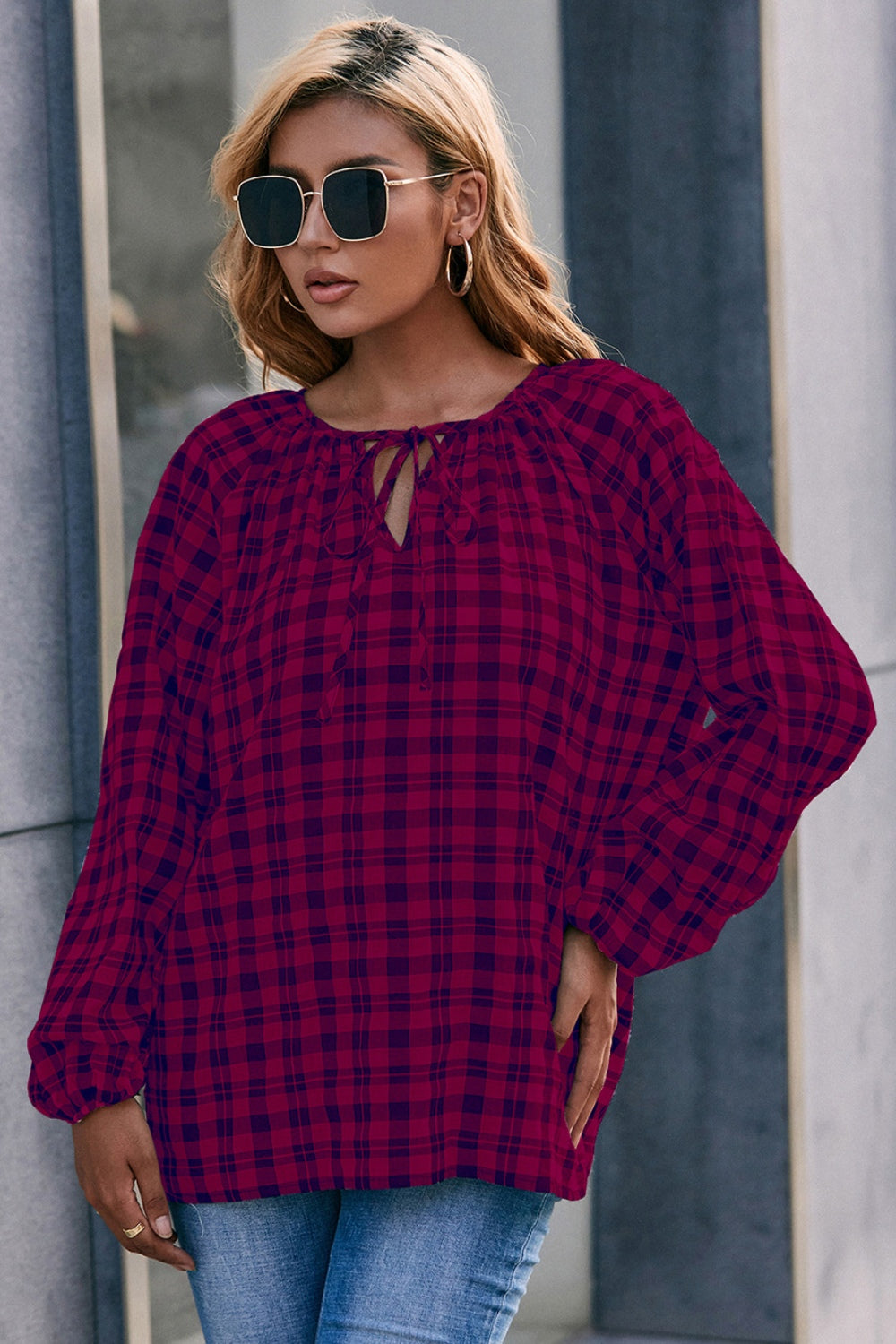 Ivy Lane Plaid Tie Neck Balloon Sleeve Blouse