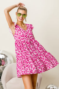 Leopard Cap Sleeve Tiered Mini Dress