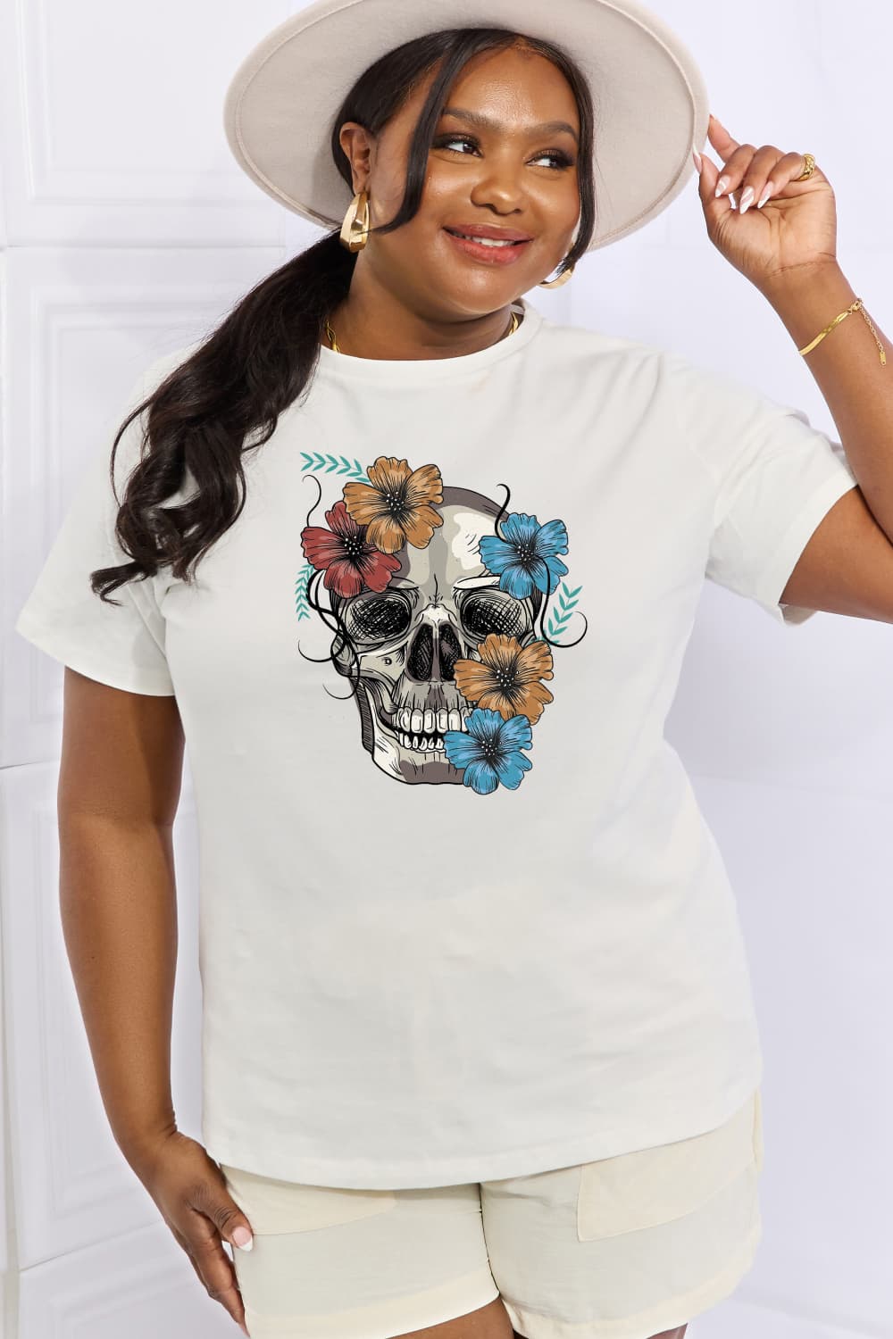 Full Size Flower Skull Graphic Cotton Tee