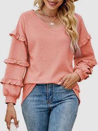 Ruffled V-Neck Long Sleeve T-Shirt