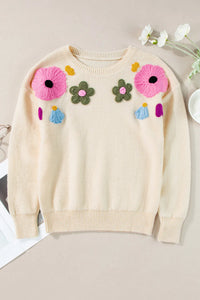 Plus Size Crochet Flower Round Neck Long Sleeve Sweater